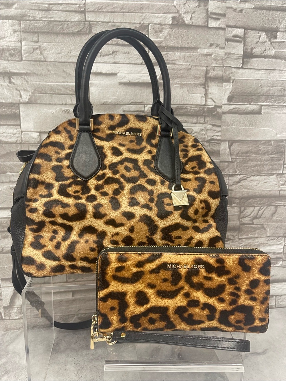 Michael Kors Briar Bowling Bag & Matching Wallet Cheetah Black Butterscotch